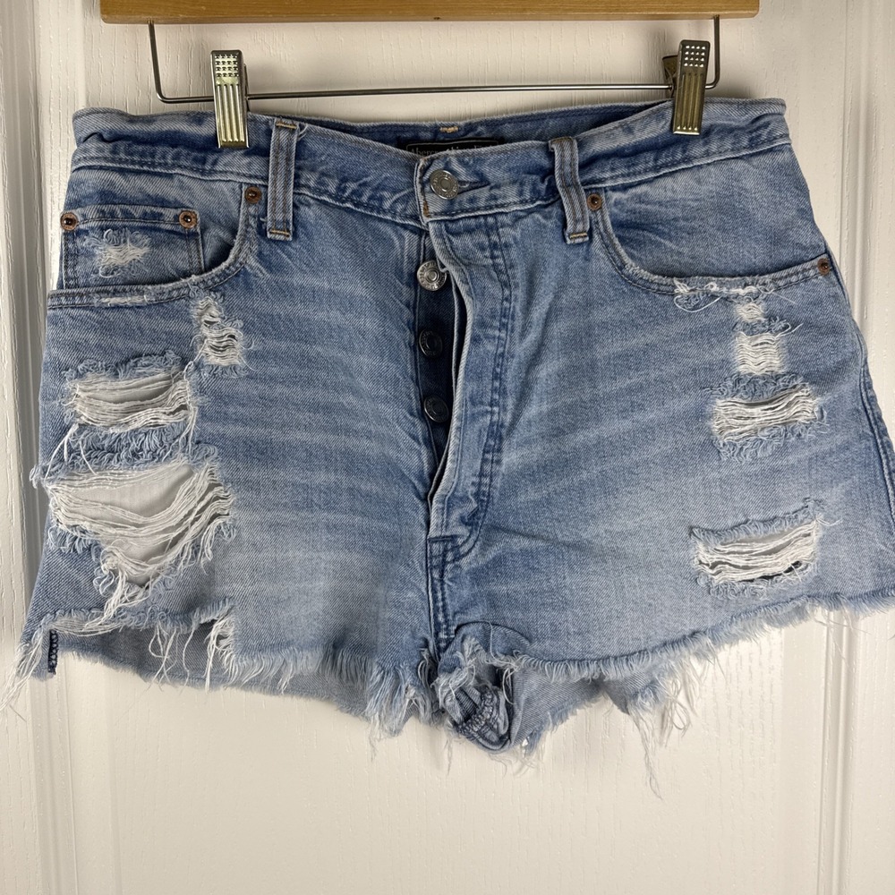 Abercrombie & Fitch High Rise Distressed Denim Shorts Sz 2 W29 Factory Rip